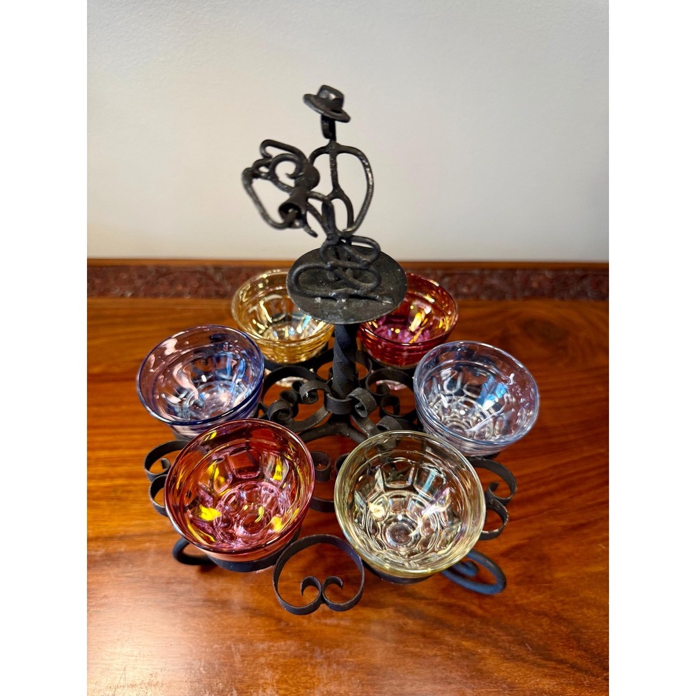 Vintage Cordial Glass Set • Dancing Couple Bar Caddy with 6 Colorful Glasses - Picture 9 of 17